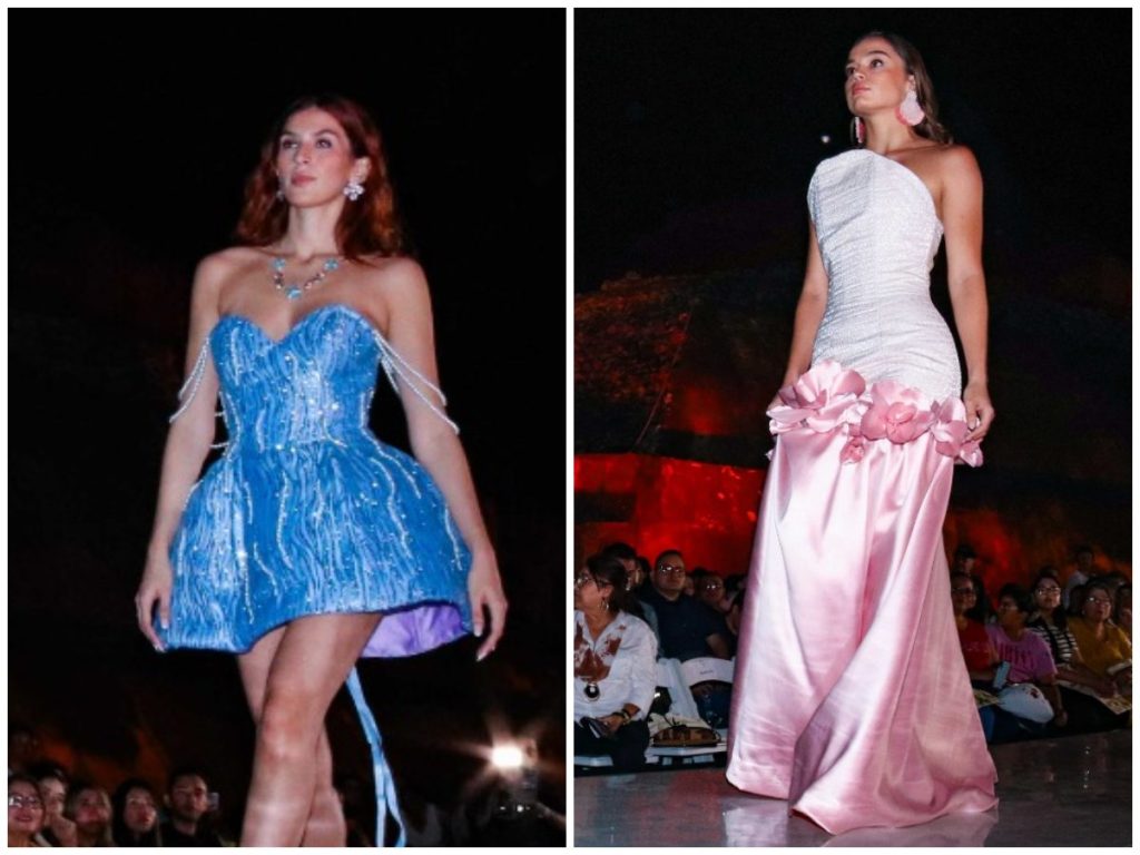 Raquel Ibarra y Alessa Mena, estudiantes del Instituto Haute Couture, presentan sus diseños que reflejan talento, técnica y visión en la pasarela del FADSV 2025.
