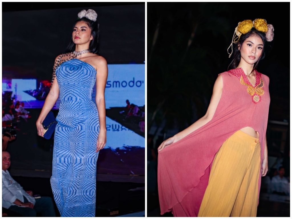 Collage con diseños de Pilaro, que fusiona gala y OpArt con bolsos de Gesani, y Orígenes, que destaca prendas con patchwork y textiles artesanales de San Sebastián.