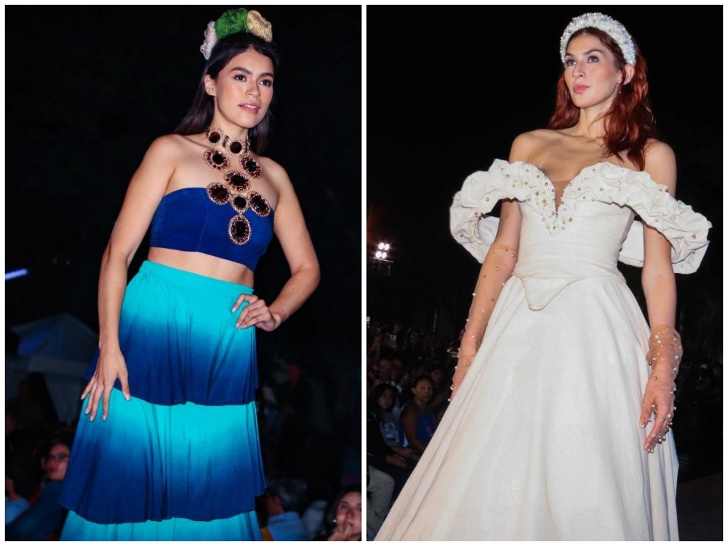 Collage con diseño de Añil de la Vega, que crea un degradado de celeste a azul con tintes naturales, y propuesta de Katherine Sorto del Instituto Haute Couture.