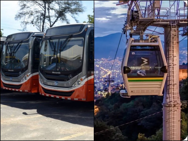 El Salvador ha comprado 1,500 buses a China (Izq.); a la derecha, metrocable en Colombia, como imagen de referencia. / Fotos cortesía