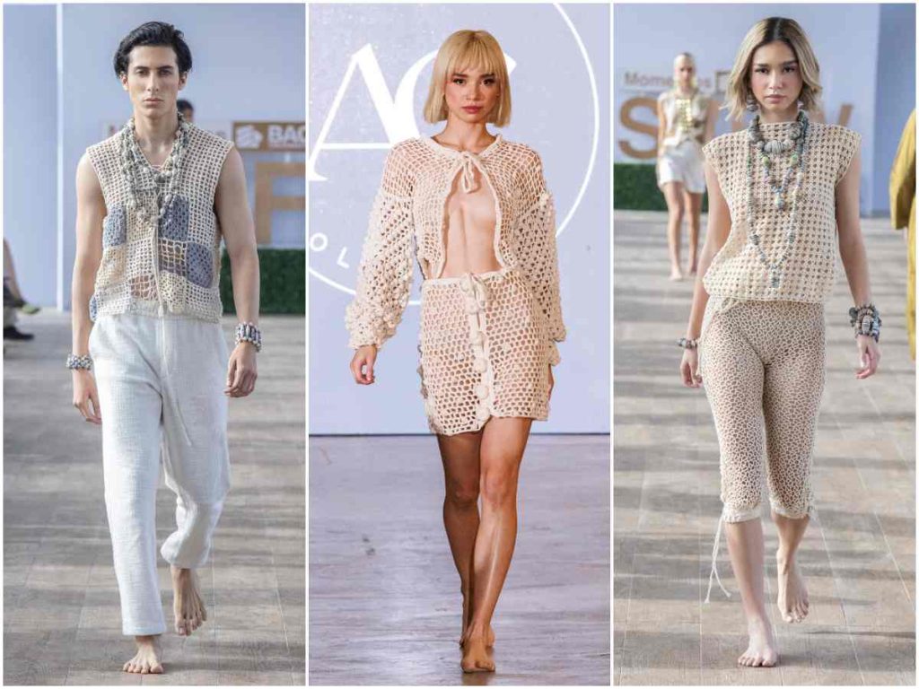 Piezas tejidas a mano de las colecciones presentadas por Kathya Galindo, donde combina técnicas artesanales con una visión contemporánea de la moda salvadoreña.