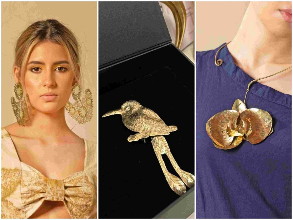 Creaciones de Granalla. Al centro, el colibrí enviado al diseñador filipino Michael Cinco, radicado en Dubai, durante la Semana de la Moda en esa ciudad.