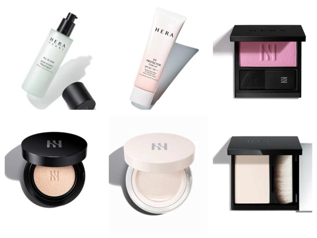 Productos de la marca coreana HERA, reconocida por sus cosméticos de alta gama y su enfoque en un maquillaje natural y luminoso.