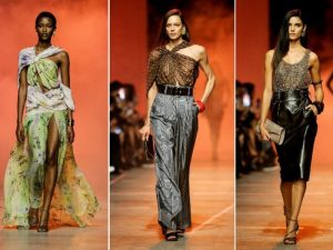 Esta combinación de fotografías tomadas y creadas el 4 de octubre de 2025 muestra a modelos presentando las creaciones de Elie Saab para la colección femenina de prêt-à-porter Primavera-Verano 2026, como parte de la Semana de la Moda de París, en París. / AFP