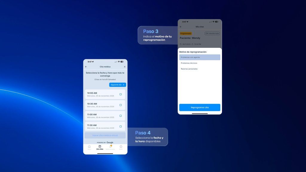 Paso en el que se selecciona el motivo para reprogramar la consulta.