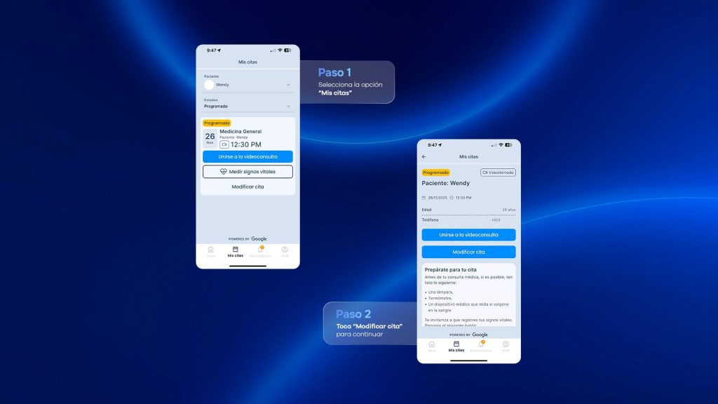 Pantalla donde el usuario accede a la opción Modificar cita en DoctorSV.