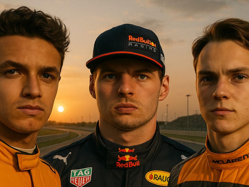 Lando Norris y Óscar Piastri, de McLaren (Izq. y Der.), junto a Max Verstappen (al centro, de Red Bull Racing) competirán en Abu Dabi por definir quién es el campeón mundial de la F1 en su temporada 2025. / Imagen creada con IA
