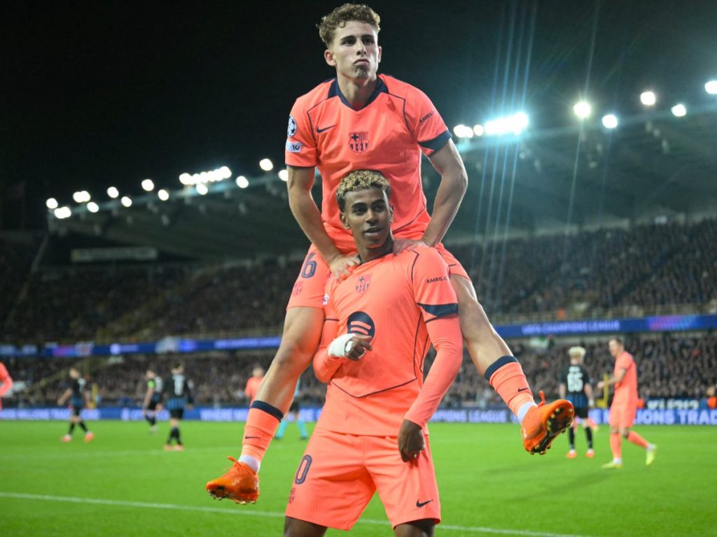 Lamine Yamal celebra su gol contra el Brujas en Champions League. Foto AFP