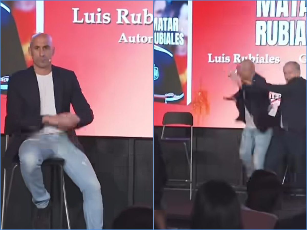Luis Rubiales fue atacado con un huevo en la presentación de su libro. Foto Captura de pantalla