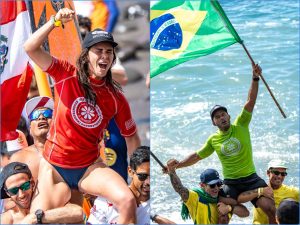 Vania Torres, de Perú y Luiz Diniz, de Brasil quedaron campeones del Surf City El Salvador ISA World SUP & Paddleboard Championship 2025. Foto X Secretaria de la Presidencia