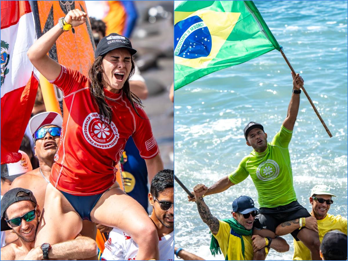 Vania Torres, de Perú y Luiz Diniz, de Brasil quedaron campeones del Surf City El Salvador ISA World SUP & Paddleboard Championship 2025. Foto X Secretaria de la Presidencia