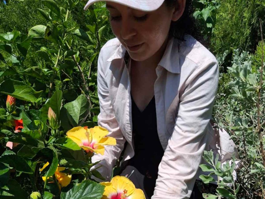 Jasmín Moreno cuida una de las plantas ornamentales que cultiva en su vivero, ubicado en el cantón Olomega, La Unión.