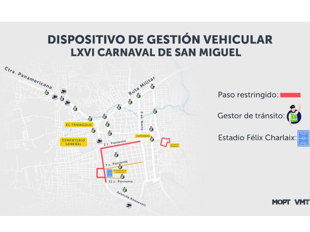 Dispositivo de transito, calles habilitadas y cerradas en el Carnaval de San Miguel 2025. Imagen/ VMT