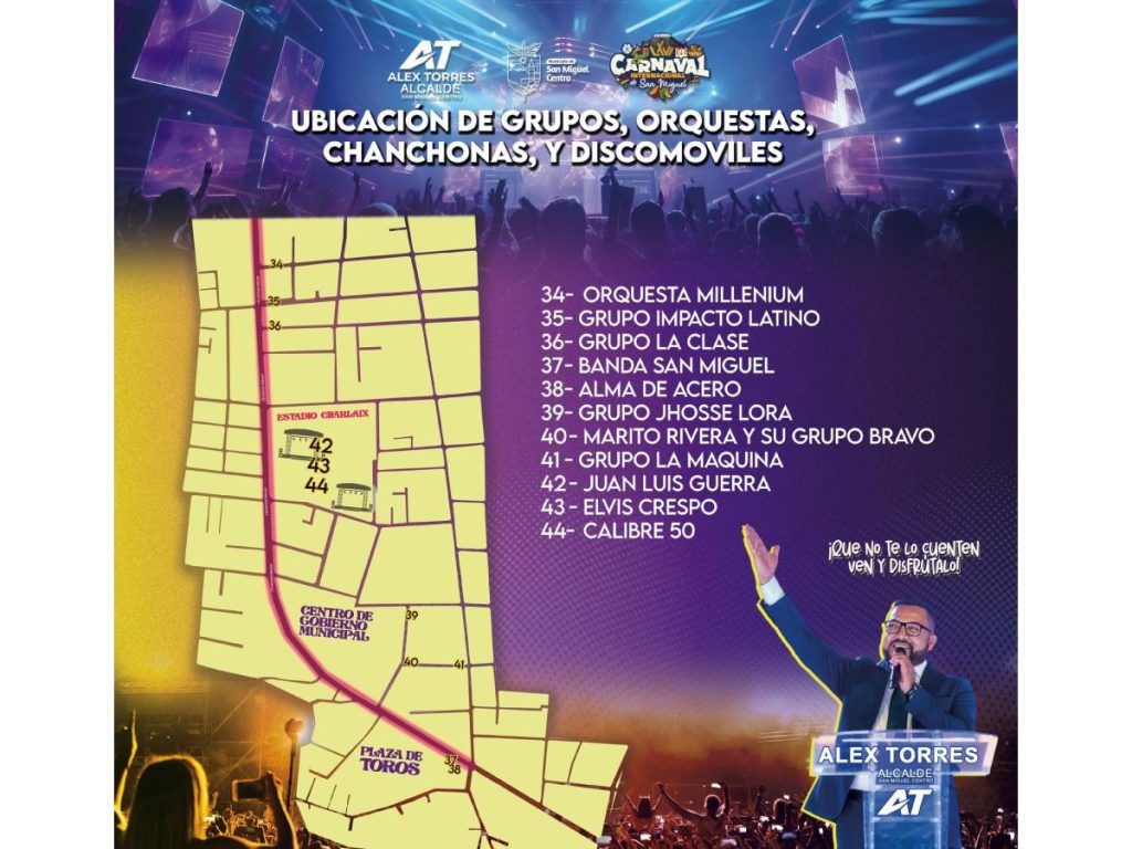 Ubicación de orquestas, grupos musicales y disco movil en el Carnaval de San Miguel 2025. Fotografía/ Alcalde de San Miguel