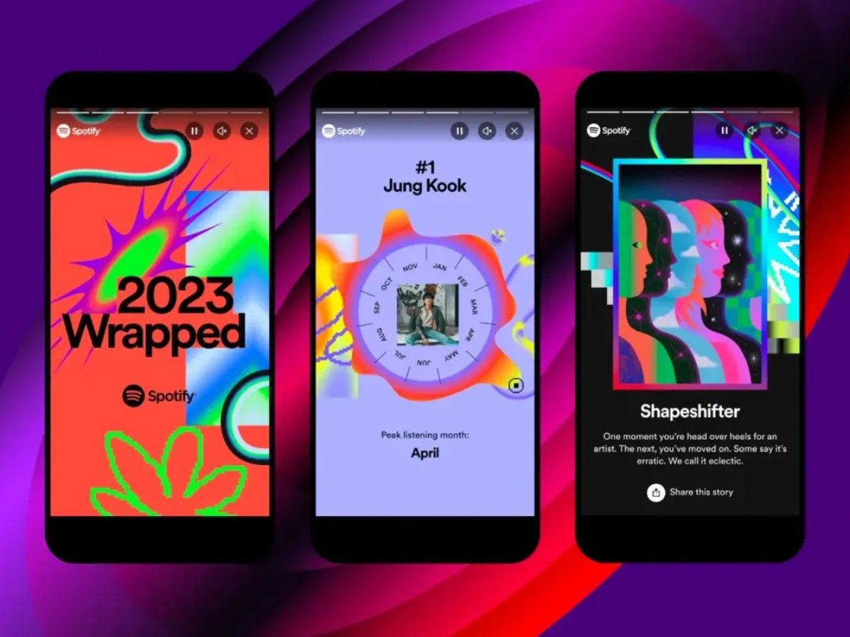 Interfaz del Spotify Wrapped 2023, que muestra el estilo visual y las tarjetas animadas que la plataforma utiliza para resumir los hábitos musicales de cada usuario.