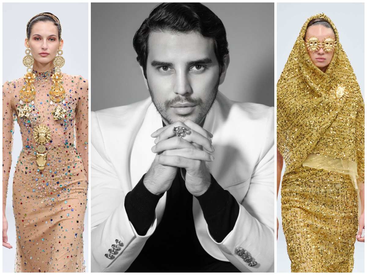 El diseñador nicaragüense Erick Bendaña y dos de sus impactantes creaciones de la colección “El Sol y la Luna”, símbolo de lujo, identidad y arte centroamericano.