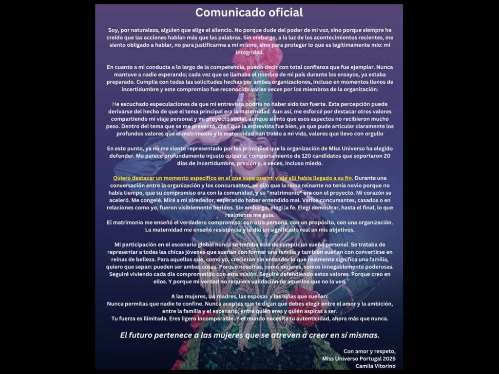 Comunicado oficial de Camila Vitorino, difundido en sus redes, donde expone que las concursantes casadas o con hijos habrían sido descartadas desde el inicio.