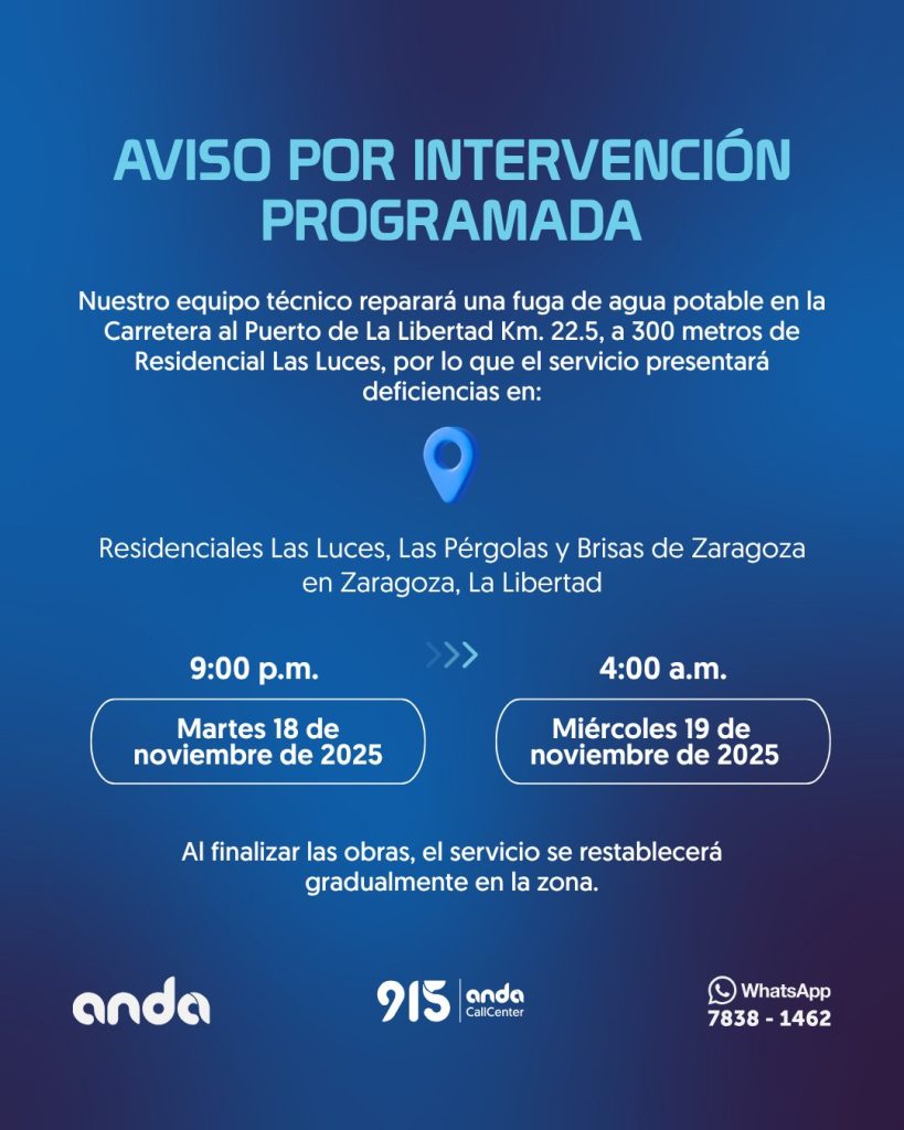 Zaragoza tendrá interrupción de agua debido a trabajos nocturnos, anuncia ANDA