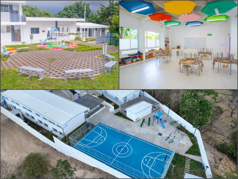 Arriba a la Izq., C. E. Profesor Jorge Lardé. Abajo, C. E. El Zapotal. A la derecha, C. E. Cantón Santa Clara. Todos son centros escolares finalizados, según el portal gubernamental dosescuelasxdia.com / Fotos cortesía