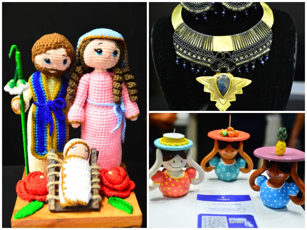 Piezas artesanales presentes en “Tramas del Alma”, donde creadores salvadoreños destacan técnicas tradicionales en cerámica, tejido y joyería contemporánea.