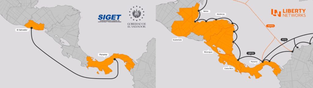 Mapa del trazado del nuevo cable submarino que conectará El Salvador con Panamá y otros sistemas regionales. Proyecto liderado por Liberty Networks y SIGET.