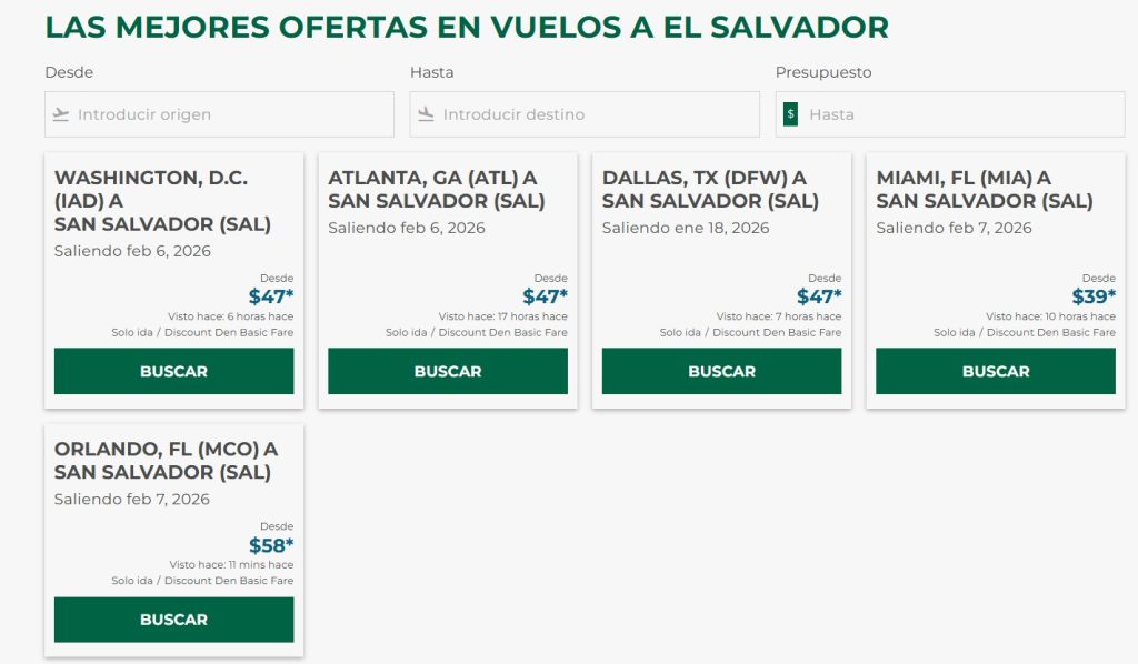 Captura de pantalla del sitio oficial de Frontier donde muestran los vuelos disponibles desde Estados Unidos a El Salvador.