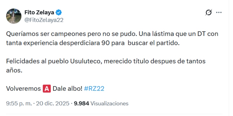 El tuit de Fito Zelaya después del triunfo de Firpo. / Captura de pantalla, X de F. Zelaya