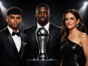 Imagen de referencia de Lamine Yamal (Izq.), Ousmane Dembélé y Aitana Bonmatí (D.), con el galardón de The Best. / Imagen generada por IA