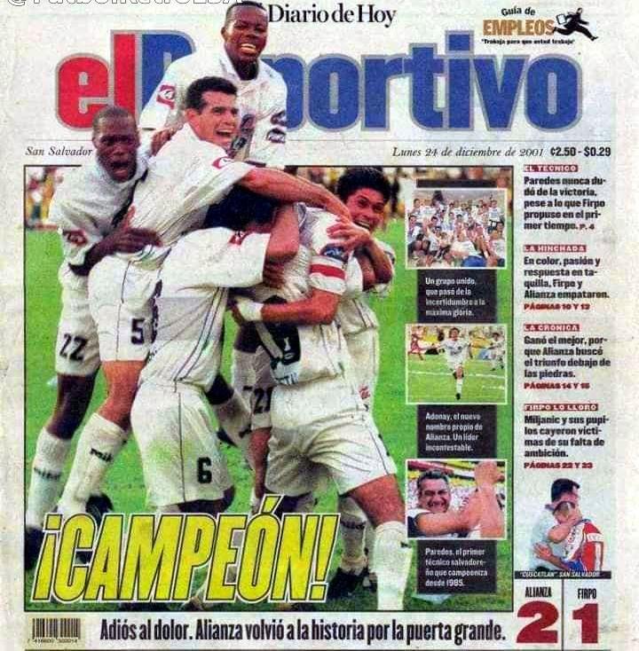 Portada de El Diario de Hoy del 24 de diciembre de 2001. Alianza 2-1 sobre Firpo en la gran final del Apertura 2001. / Foto Archivo