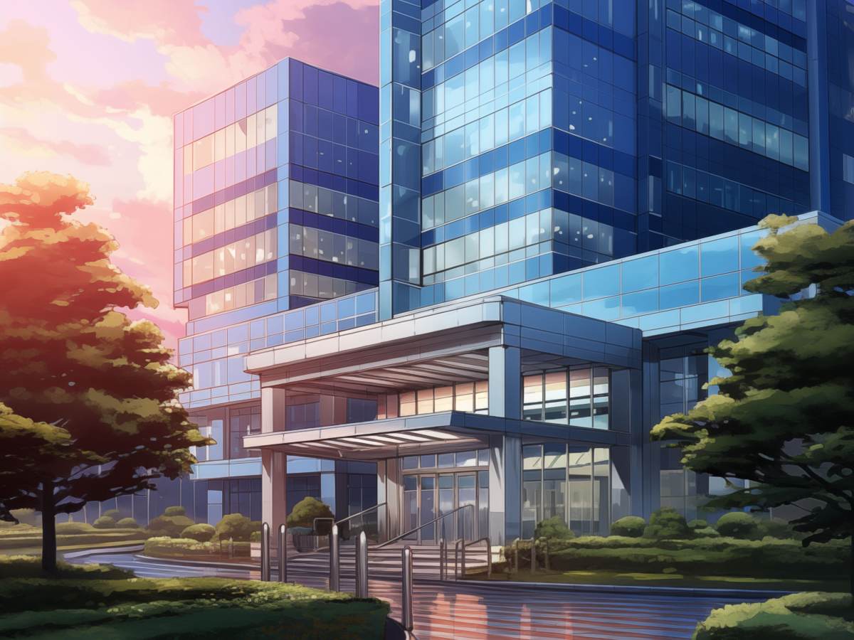 Ejecutivos frente a un moderno complejo corporativo durante una jornada de trabajo, en un entorno que refleja crecimiento y dinamismo empresarial.