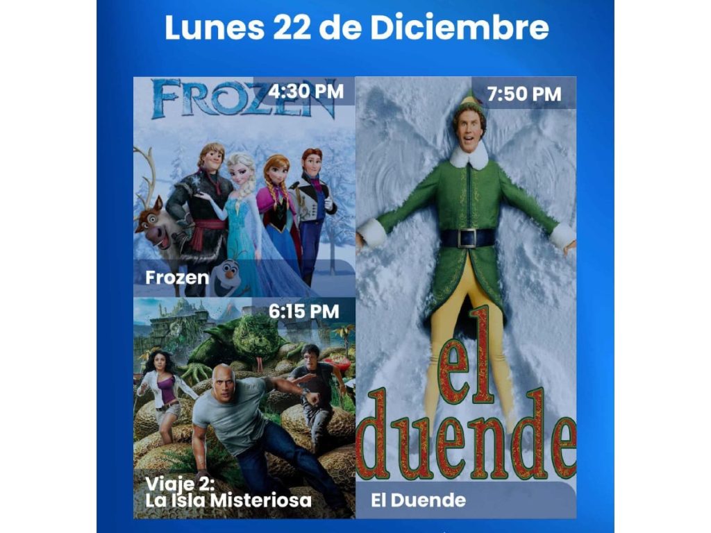 Programación del lunes incluye “Frozen”, “Viaje 2: La isla misteriosa” y “El duende” en cines al aire libre. Imagen/ MOPT