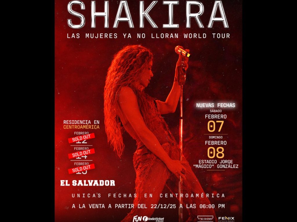 Las nuevas fechas de conciertos de Shakira en El Salvador son el 7 y 8 de febrero. Imagen/ Two Shows
