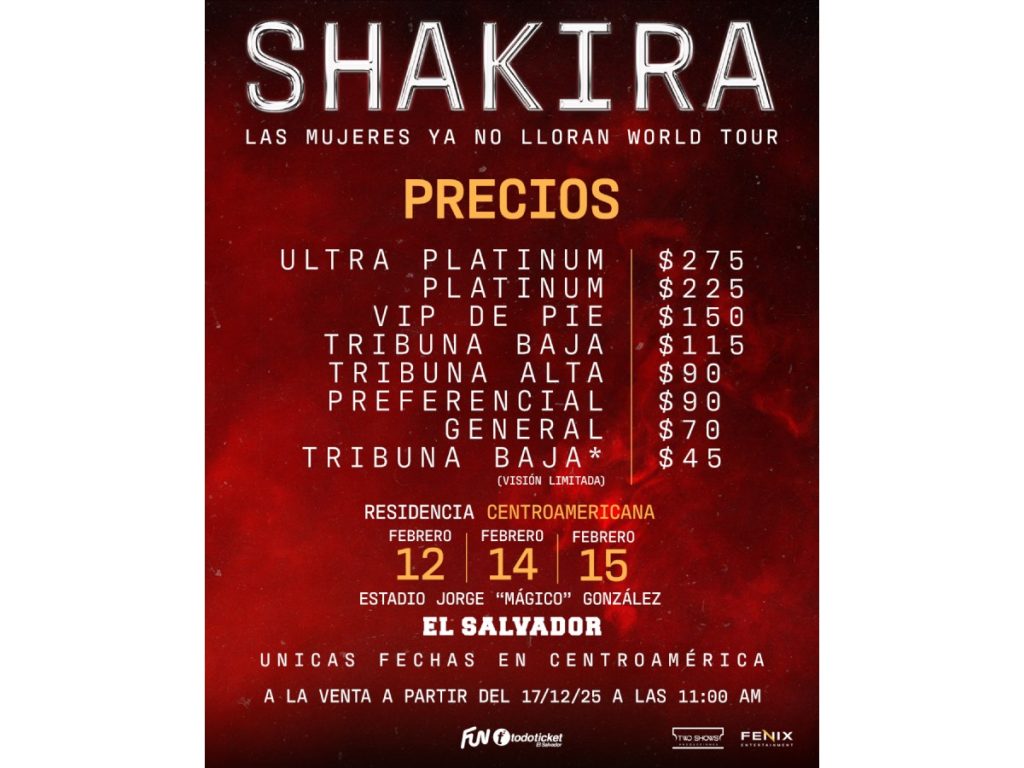Estos son los precios de los conciertos de Shakira en El Salvador. Imagen/ Two Shows