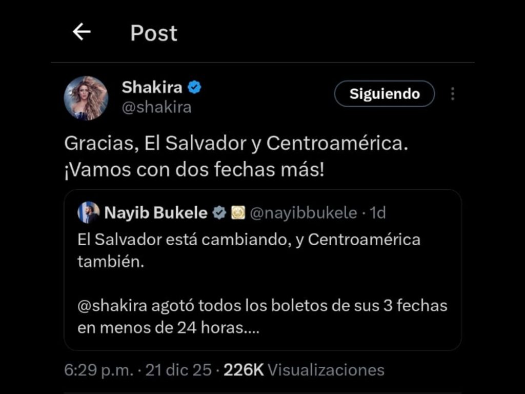 Shakira anunció dos conciertos más en El Salvador, como parte de su residencia en Centroamérica. Imagen/ X