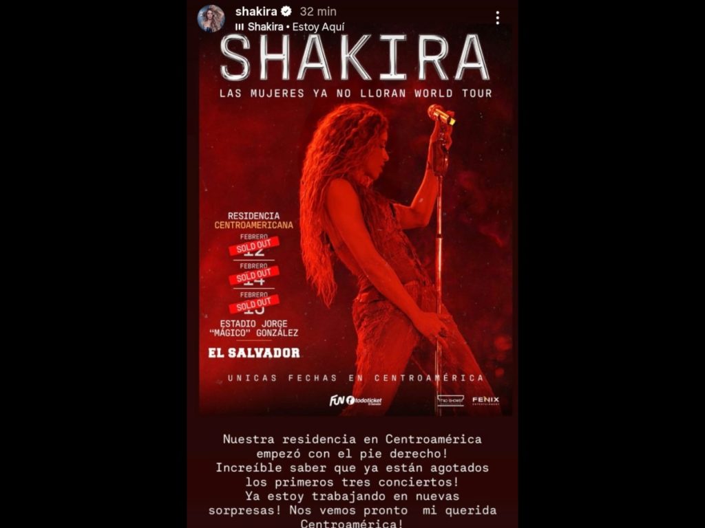 Shakira compartió en sus redes la emoción por su residencia en El Salvador. Imagen/ Instagram Shakira