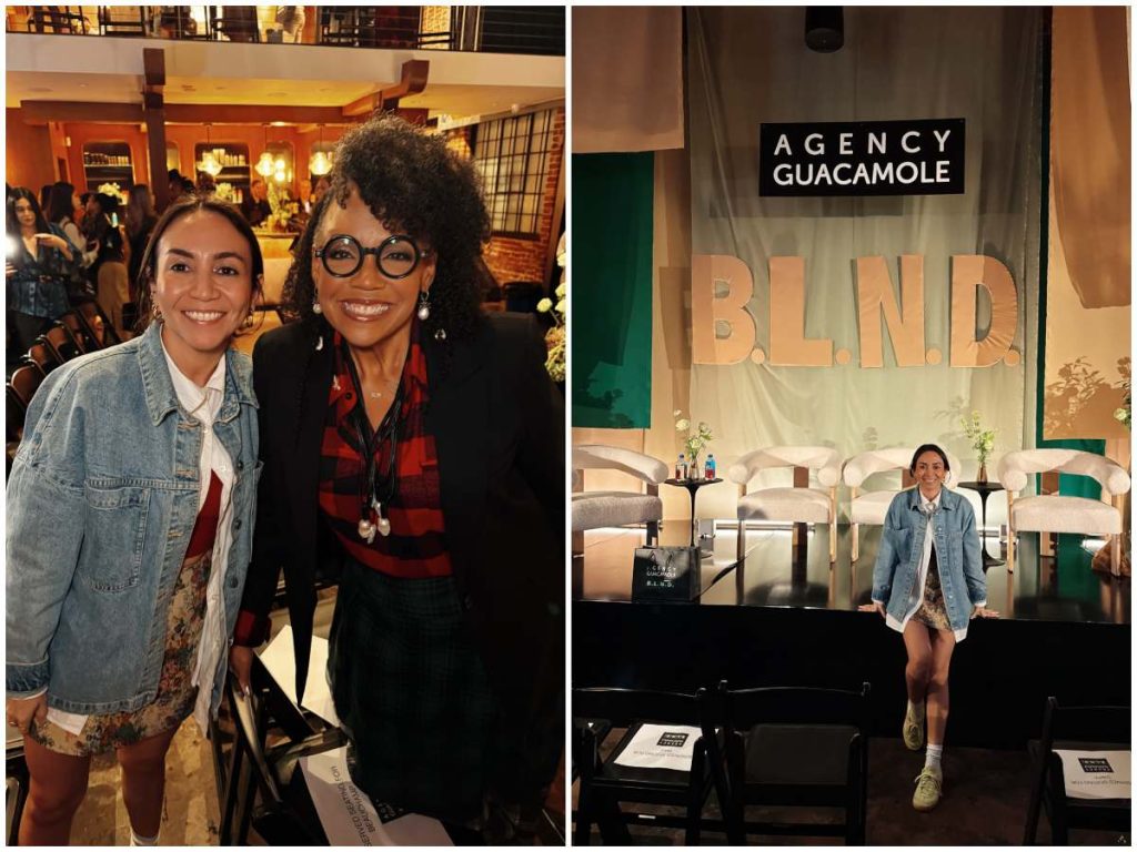 Gabriela Huezo junto a Lisa Price, fundadora de Carol’s Daughter, durante un evento del sector belleza (izquierda). A la derecha, en el escenario de B.L.N.D. 2025, donde alzó la voz por la diversidad y la inclusión en la industria.