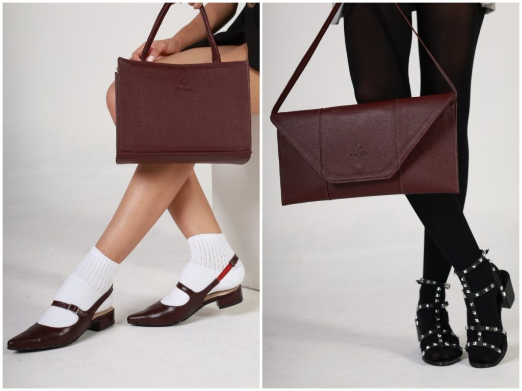 Bolsos en tono vino y calzado contemporáneo de Infinita, la nueva colección de Irene Castillo que combina elegancia funcional y detalles artesanales.