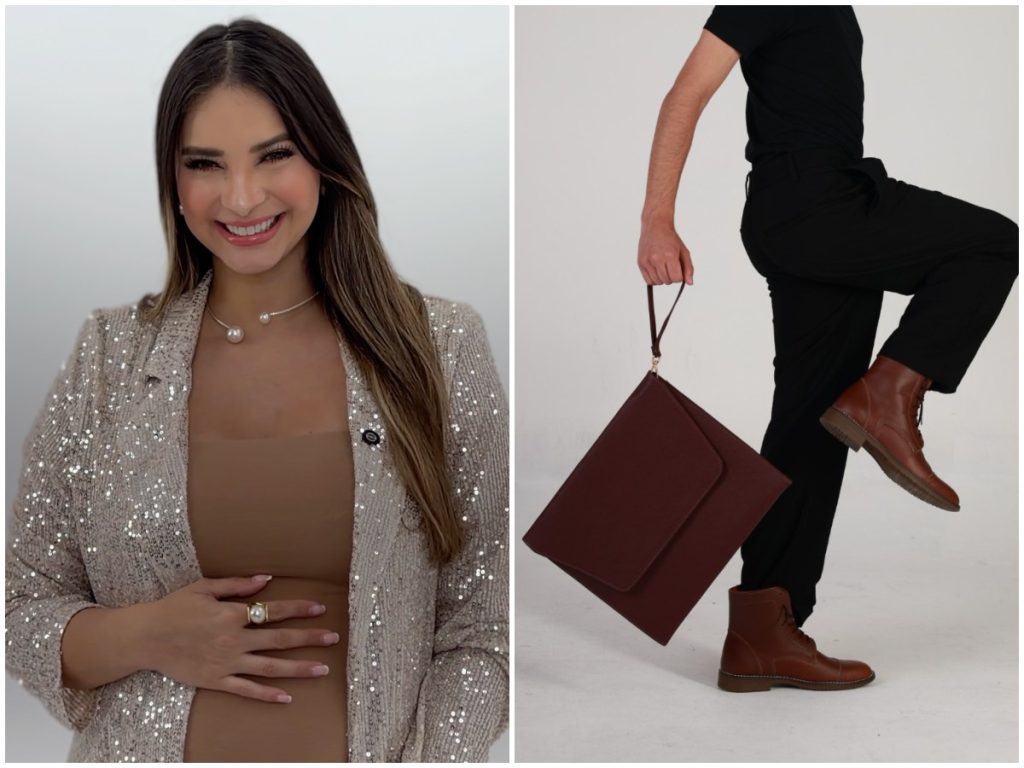 Irene Castillo, diseñadora salvadoreña y creadora de Infinita, junto a una de las piezas de calzado y marroquinería masculina que complementan la nueva colección.