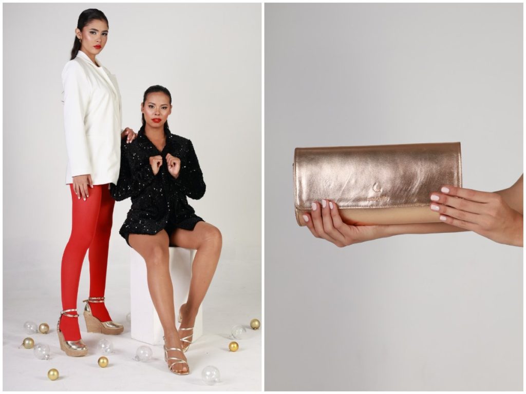 Zapatos metálicos y cartera dorada de Infinita, la colección de Irene Castillo que destaca por su elegancia luminosa y el trabajo artesanal salvadoreño.