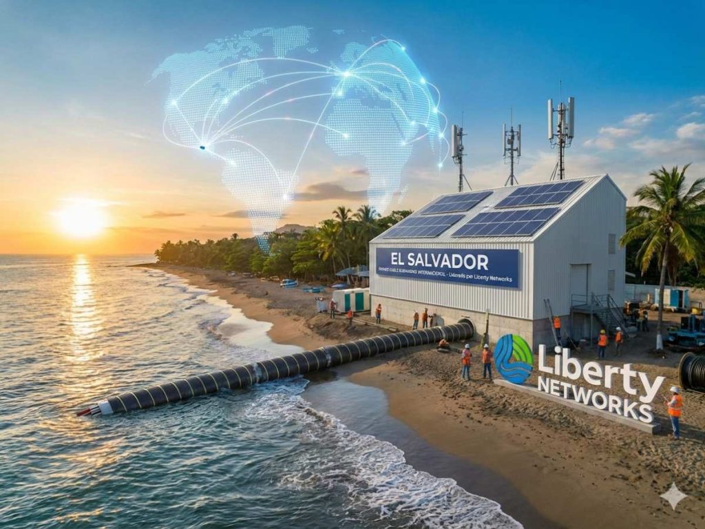 Render del punto de aterrizaje del primer cable submarino de El Salvador, operado por Liberty Networks. El proyecto conectará al país con redes globales de alta velocidad.
