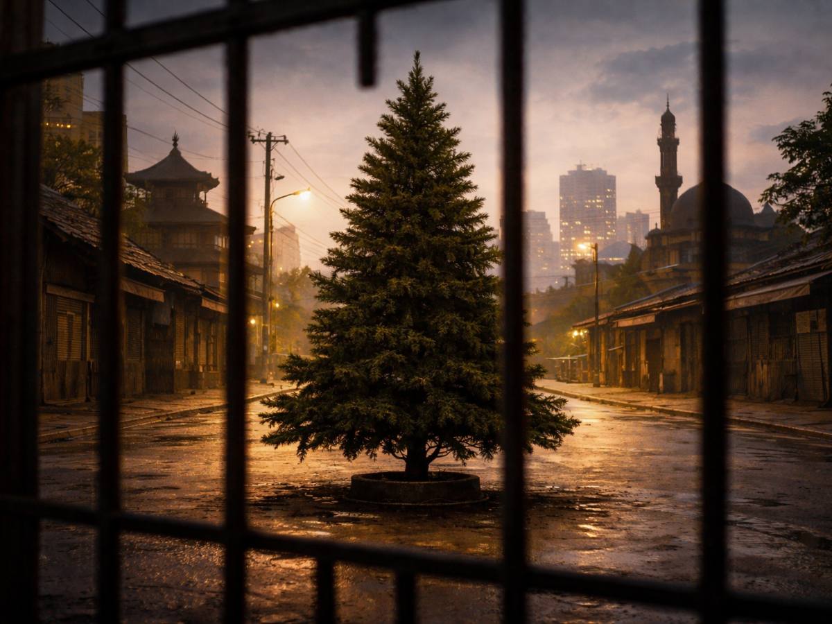 Un árbol de Navidad sin luces ni adornos permanece tras las rejas en una calle urbana vacía, iluminado por la luz artificial de la noche, como símbolo de vigilancia, silencio y restricción en el espacio público.