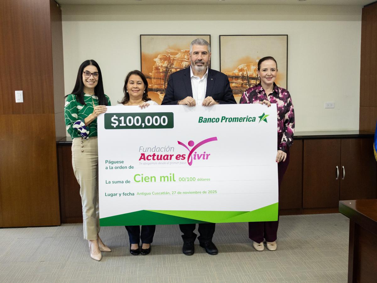 Banco Promerica entregó un aporte de $100 mil a la Fundación Actuar es Vivir, reafirmando su compromiso con la salud femenina a través del acceso a diagnósticos tempranos de cáncer de mama y cérvix.