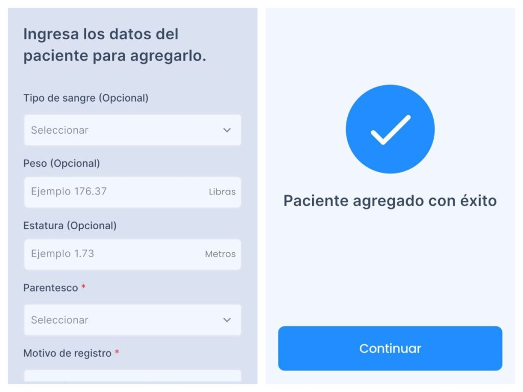 En esta imagen te mostramos la pantalla del quinto paso, donde completás los datos finales del pariente y, al finalizar, aparece el ícono azul que confirma el registro exitoso.