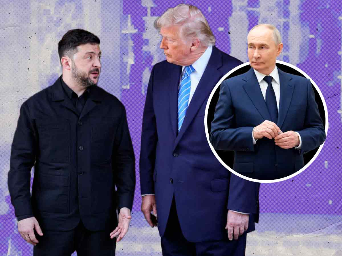 Trump (centro) recibió una llamada de Putin (D.), donde el presidente ruso aseguró que la Ucrania de Zelenski atacó su casa en Moscú, con drones. / Montaje elsalvador.com, fotos AFP