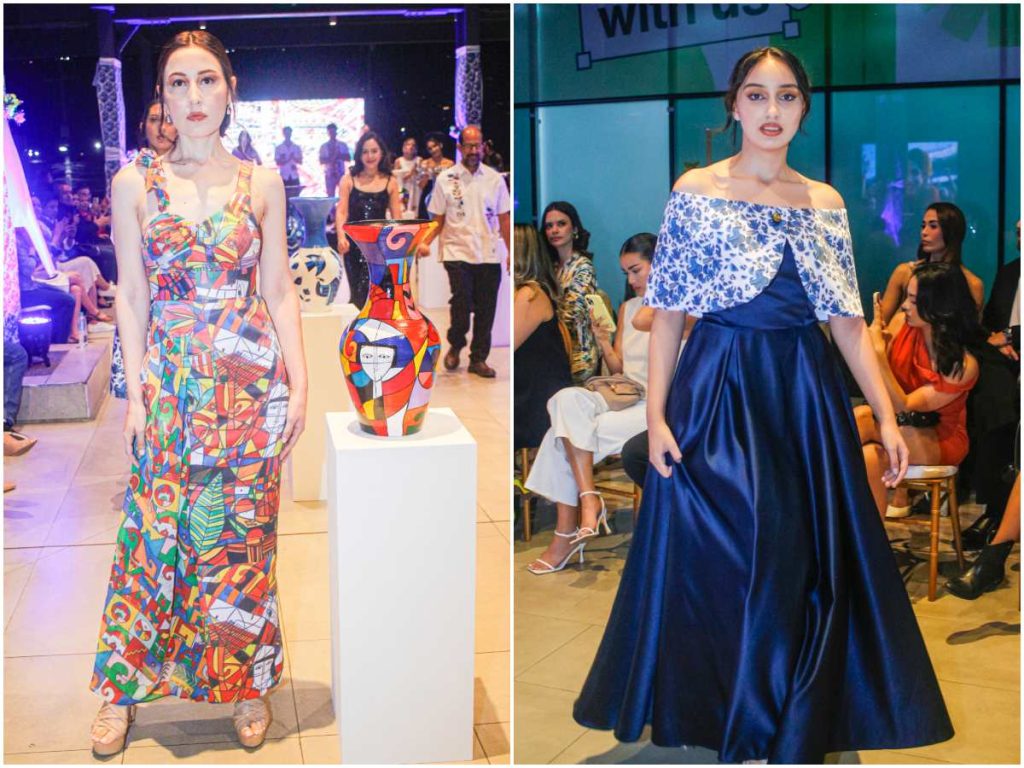 Modelos lucen dos de las piezas destacadas de la colección: a la izquierda, el vestido colorido inspirado en el arte de Fernando Llort; a la derecha, el vestido azul de gala con capelet estampado.