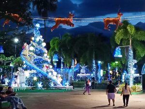 Familias enteras disfrutan del recorrido navideño entre luces, figuras y puestos de comida típica en el corazón de San Vicente.