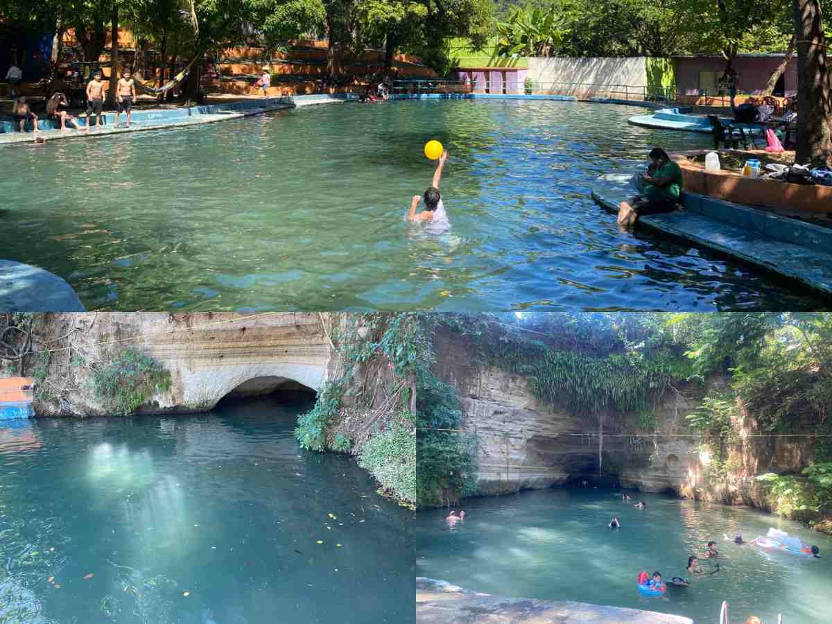 Visitantes disfrutan de las aguas cristalinas que brotan desde las cuevas naturales del Turicentro El Capulín, uno de los principales atractivos de Moncagua.