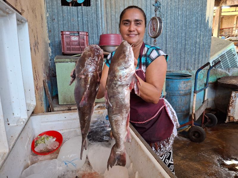 Niña María Escobar en su puesto del mercadito de La Unión, donde sirve una de las sopas de bagre más buscadas del oriente salvadoreño.