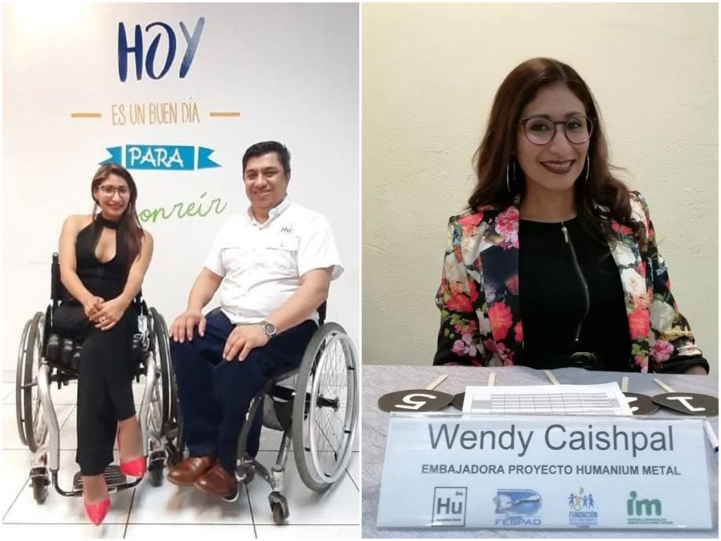 Wendy Caishpal junto a Amilcar Durán, ex director ejecutivo de la Red de Sobrevivientes, quien siempre confió en su liderazgo; a la derecha, en su rol como embajadora del Proyecto Humanium Metal.