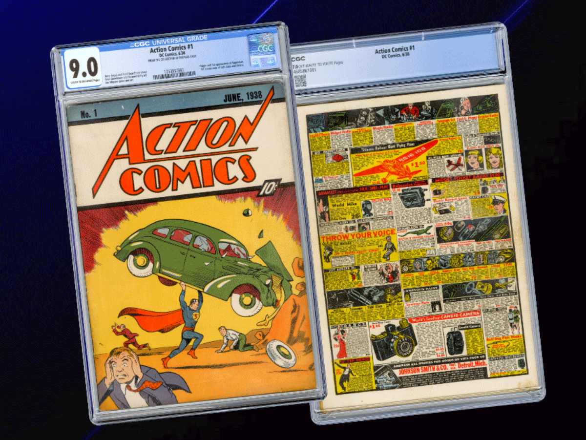 Ejemplar original de *Action Comics* número 1, publicado en 1938, con la primera aparición de Superman, vendido recientemente por un récord histórico de 15 millones de dólares.